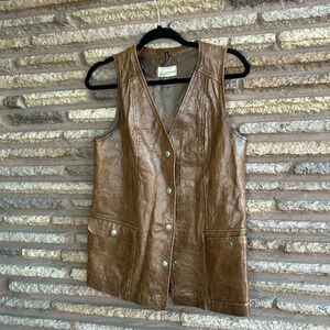 Saks Fifth Avenue Vintage Brown Leather Snap Front Tunic Vest